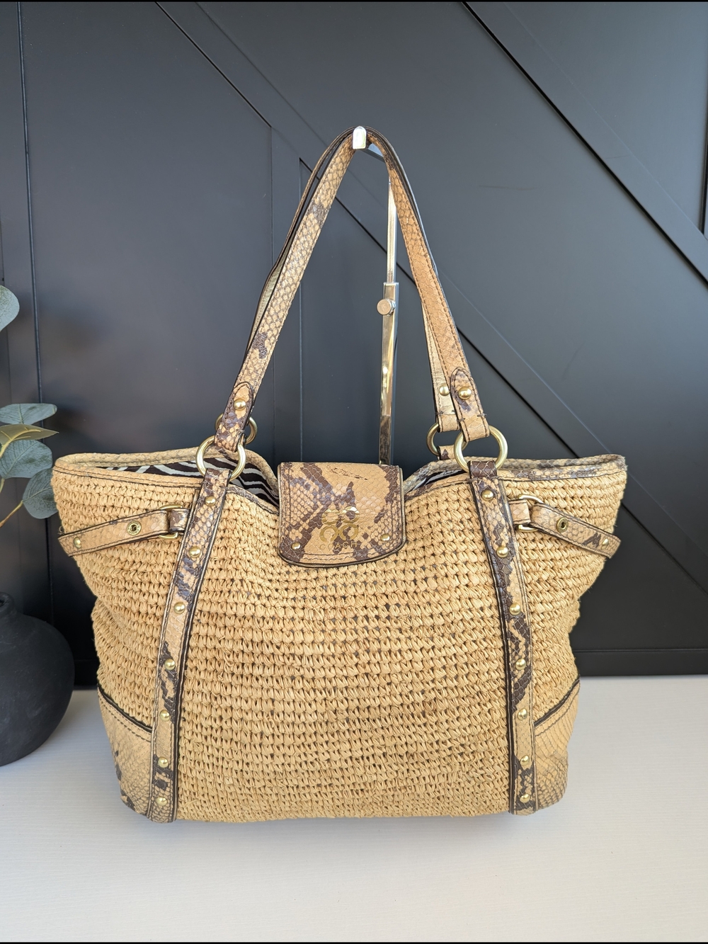 Coach Natural Woven Straw Tote with Snake-Print Trim - Picture 4 of 12